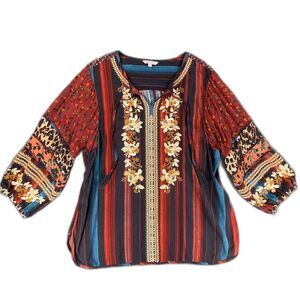 John Mark XL Floral Embroidered Top Mixed Print Boho Stripe 3/4 Sleeve Blouse